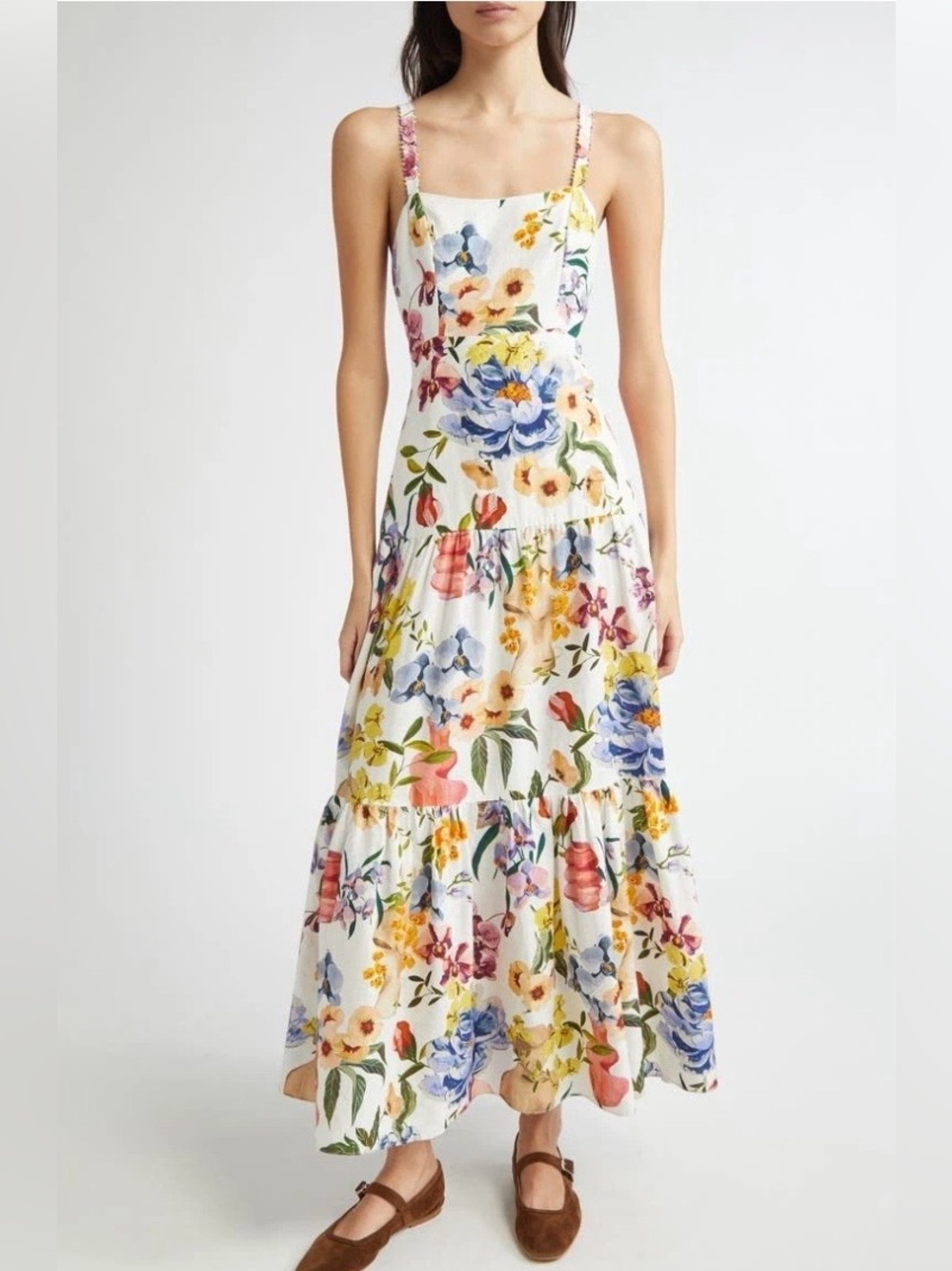 Farm Rio Greek Garden Tiered Linen Blend Maxi Dress Size S